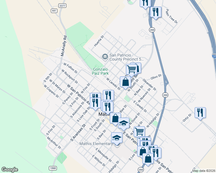 map of restaurants, bars, coffee shops, grocery stores, and more near 503 North Aransas Street in Mathis