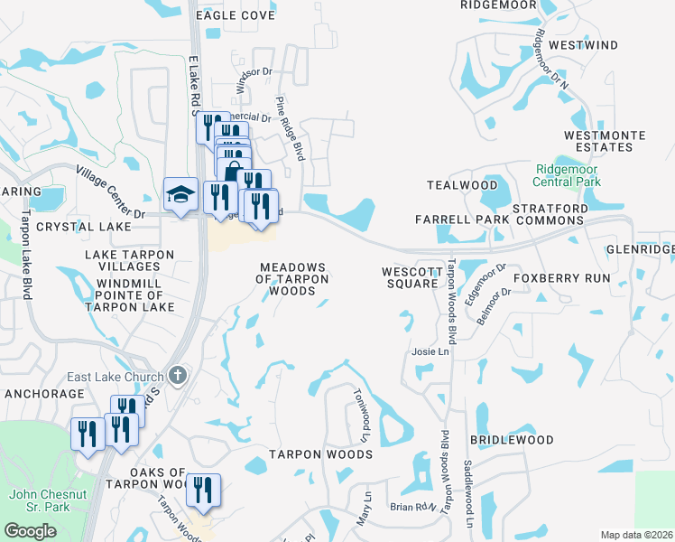 map of restaurants, bars, coffee shops, grocery stores, and more near 3529 Tanglewood Trail in Palm Harbor