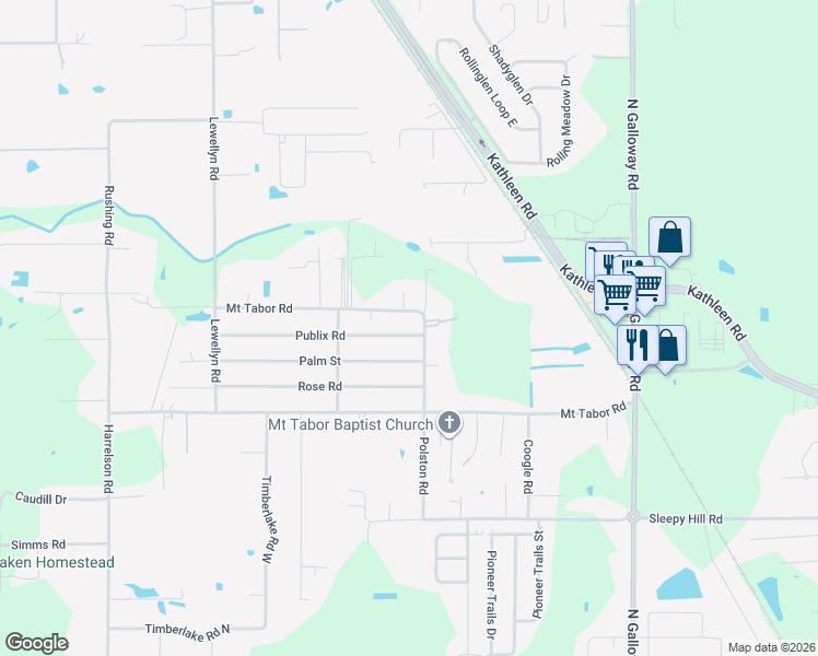 map of restaurants, bars, coffee shops, grocery stores, and more near 3417 Publix Road in Lakeland