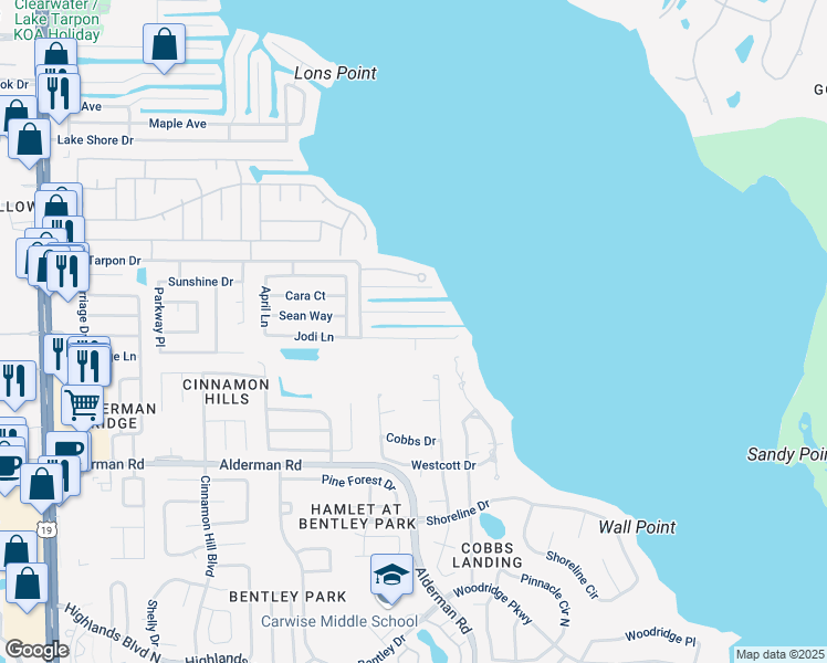 map of restaurants, bars, coffee shops, grocery stores, and more near 3117 South Canal Drive in Palm Harbor