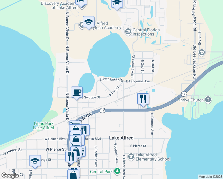 map of restaurants, bars, coffee shops, grocery stores, and more near 430 East Oak Street in Lake Alfred