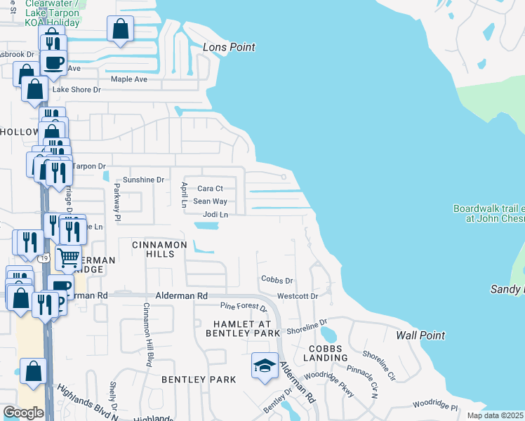 map of restaurants, bars, coffee shops, grocery stores, and more near 3107 South Canal Drive in Palm Harbor