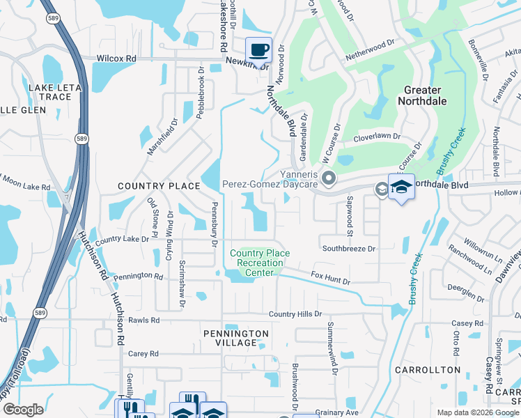 map of restaurants, bars, coffee shops, grocery stores, and more near 15906 Winding Drive in Tampa