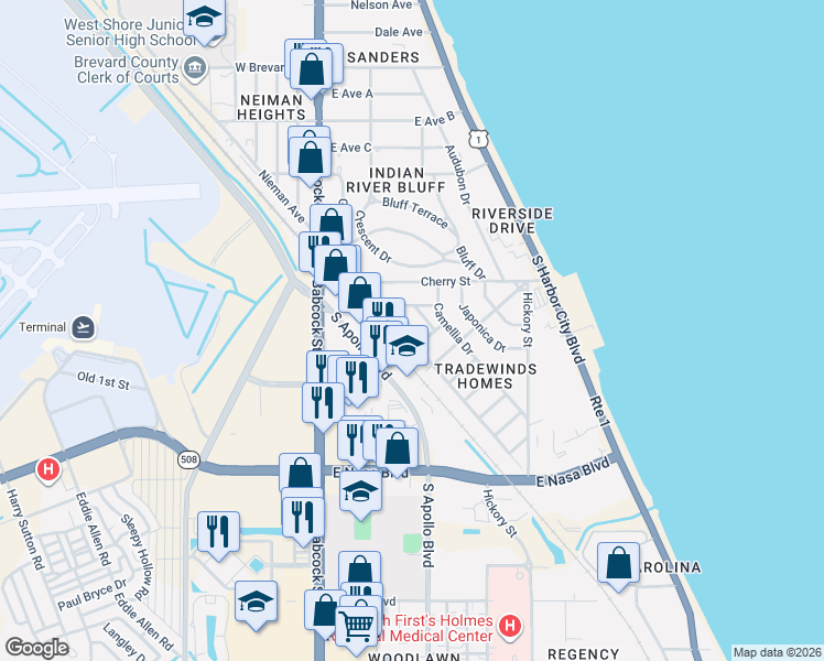 map of restaurants, bars, coffee shops, grocery stores, and more near 620 Lupine Court in Melbourne