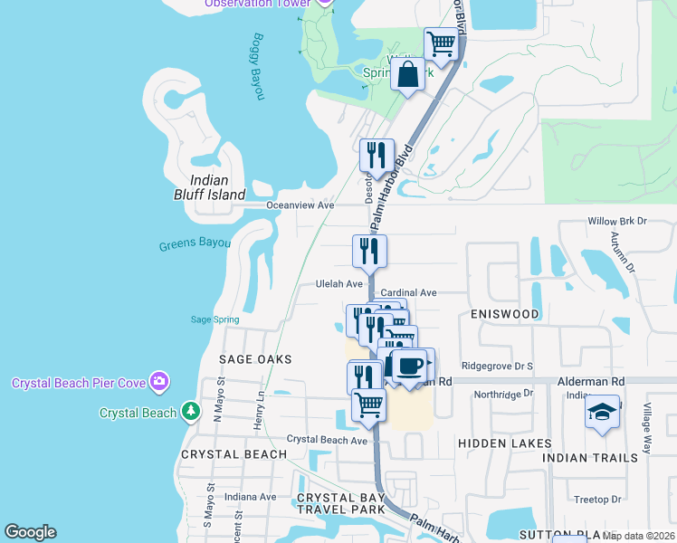 map of restaurants, bars, coffee shops, grocery stores, and more near 498 Magnolia Avenue in Palm Harbor
