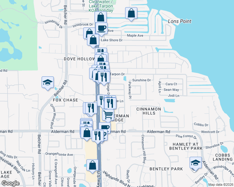 map of restaurants, bars, coffee shops, grocery stores, and more near 2631 Country Grove Boulevard in Palm Harbor