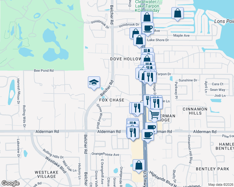 map of restaurants, bars, coffee shops, grocery stores, and more near 2350 Fox Chase Boulevard in Palm Harbor
