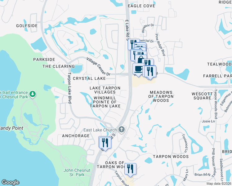 map of restaurants, bars, coffee shops, grocery stores, and more near 1419 Windmill Pointe Road in Palm Harbor