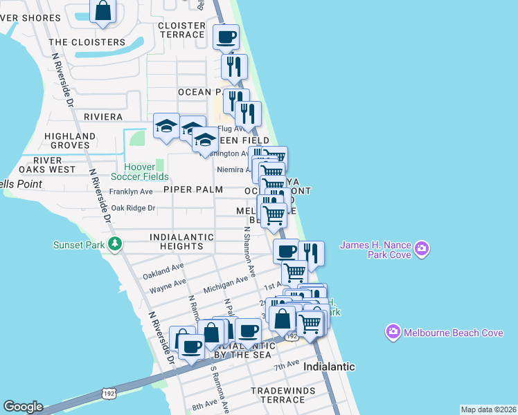 map of restaurants, bars, coffee shops, grocery stores, and more near 1145 North Shannon Avenue in Indialantic
