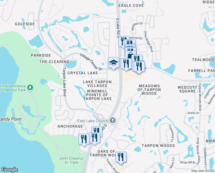 map of restaurants, bars, coffee shops, grocery stores, and more near 1419 Windmill Pointe Road in Palm Harbor