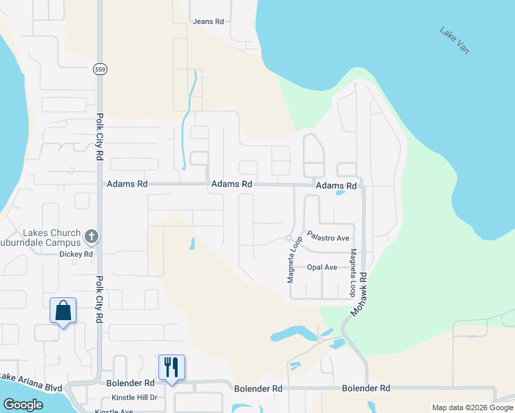 map of restaurants, bars, coffee shops, grocery stores, and more near 125 Costa Loop in Auburndale