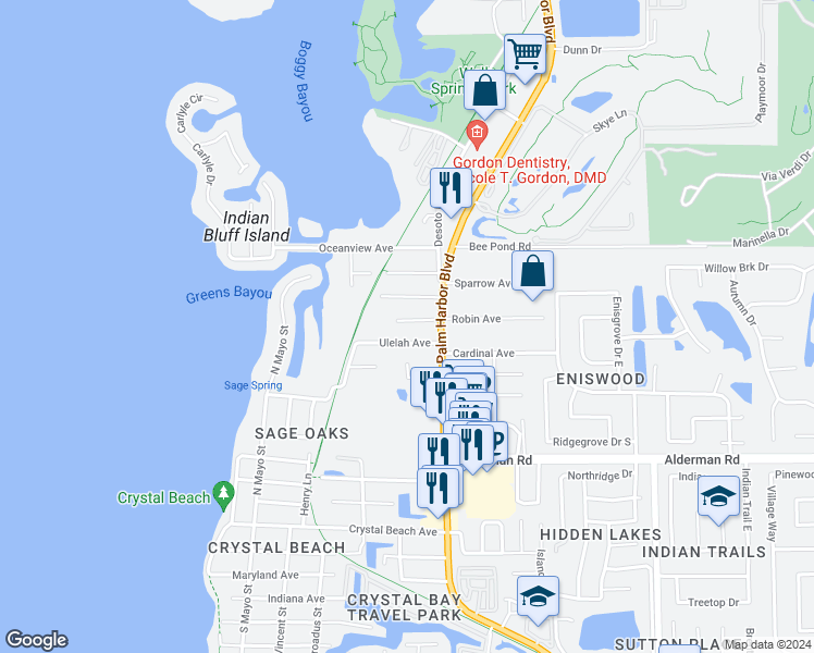 map of restaurants, bars, coffee shops, grocery stores, and more near 498 Magnolia Avenue in Palm Harbor