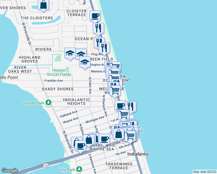 map of restaurants, bars, coffee shops, grocery stores, and more near 862 North Miramar Avenue in Indialantic