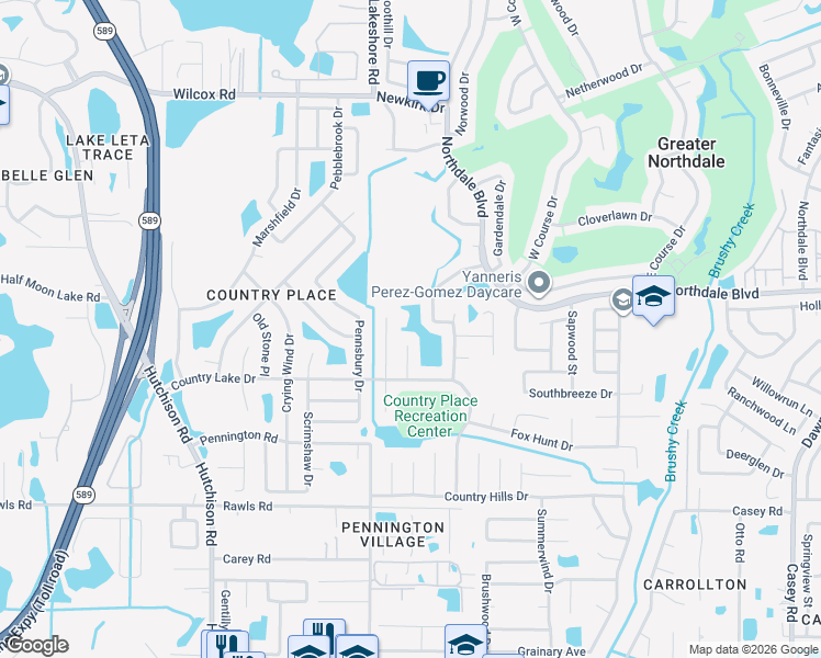 map of restaurants, bars, coffee shops, grocery stores, and more near 15906 Winding Drive in Tampa