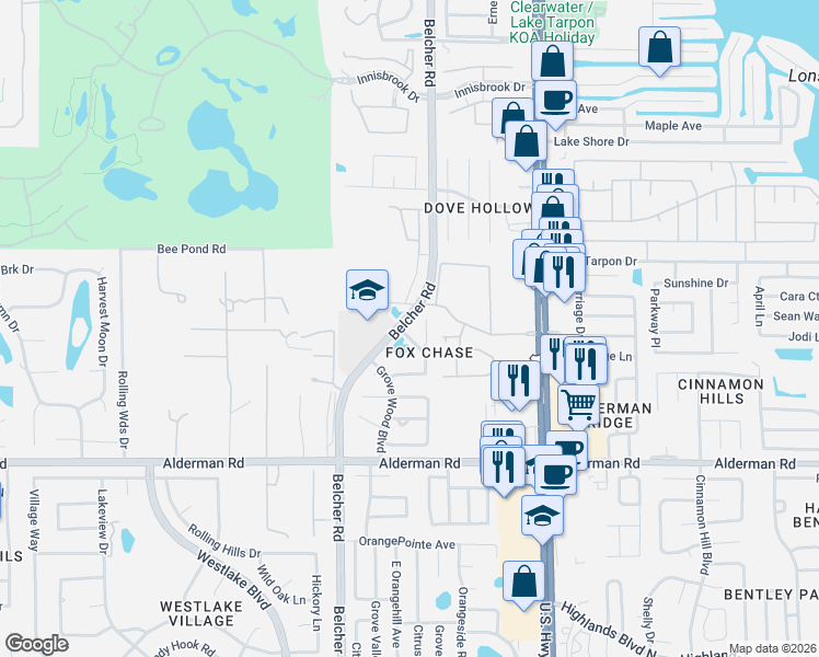 map of restaurants, bars, coffee shops, grocery stores, and more near 3163C Claremont Place in Palm Harbor