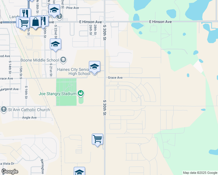 map of restaurants, bars, coffee shops, grocery stores, and more near 622 South 30th Street in Haines City