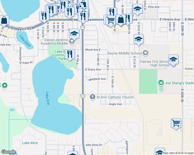 map of restaurants, bars, coffee shops, grocery stores, and more near 1221 Margaret Avenue in Haines City