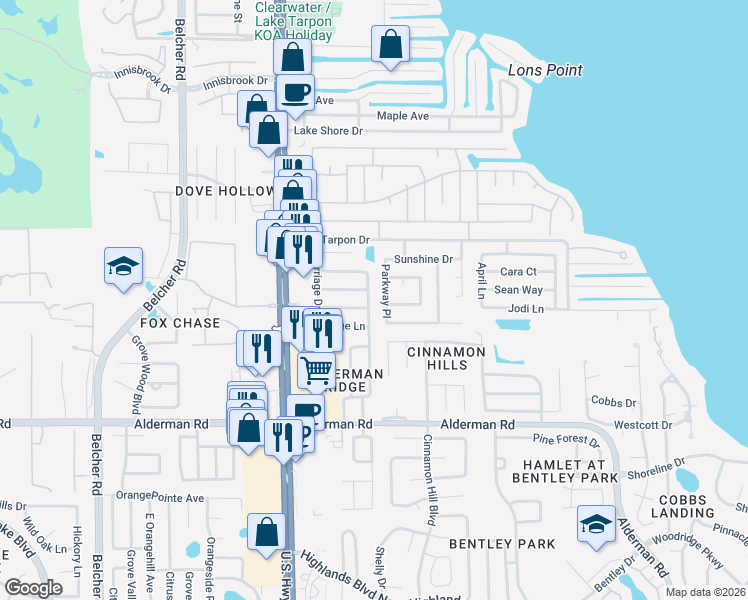 map of restaurants, bars, coffee shops, grocery stores, and more near 3214 Orchard Drive in Palm Harbor
