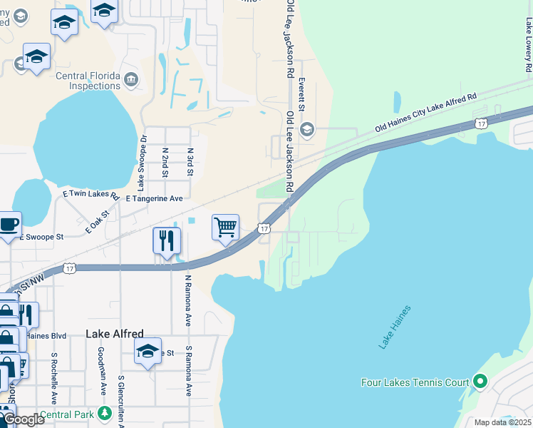 map of restaurants, bars, coffee shops, grocery stores, and more near 926 East Alfred Street in Lake Alfred
