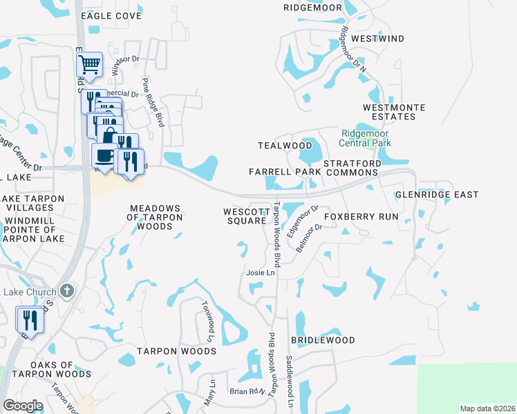 map of restaurants, bars, coffee shops, grocery stores, and more near 3192 Jademoor Circle in Palm Harbor
