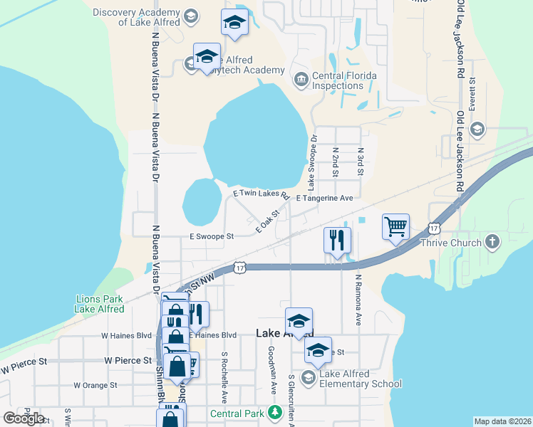 map of restaurants, bars, coffee shops, grocery stores, and more near 430 East Oak Street in Lake Alfred
