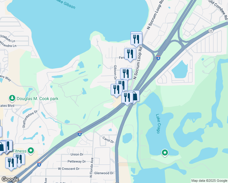 map of restaurants, bars, coffee shops, grocery stores, and more near 4360 Lakeland Park Drive in Lakeland