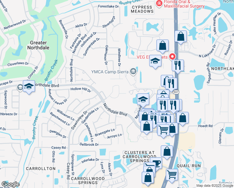 map of restaurants, bars, coffee shops, grocery stores, and more near 16113 Dawnview Drive in Tampa