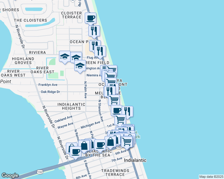 map of restaurants, bars, coffee shops, grocery stores, and more near 877 Florida A1A in Indialantic