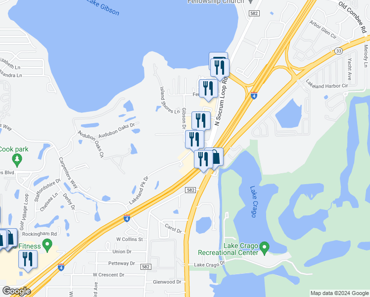 map of restaurants, bars, coffee shops, grocery stores, and more near 4360 Lakeland Park Drive in Lakeland