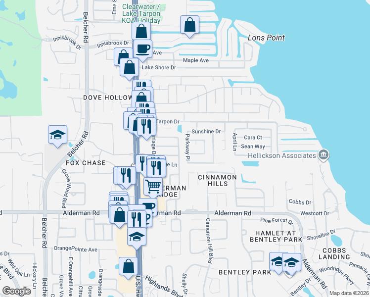 map of restaurants, bars, coffee shops, grocery stores, and more near 3229 Parkway Place in Palm Harbor