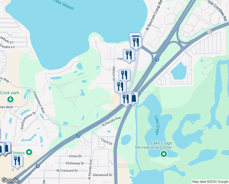 map of restaurants, bars, coffee shops, grocery stores, and more near 4360 Lakeland Park Drive in Lakeland
