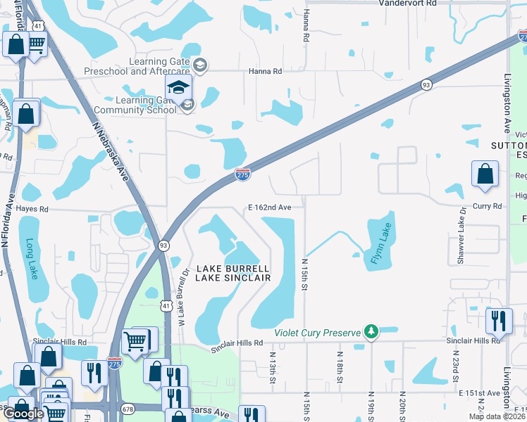 map of restaurants, bars, coffee shops, grocery stores, and more near 1207 East 162nd Avenue in Lutz