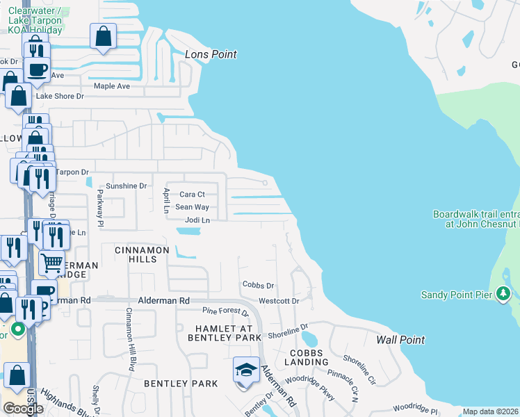 map of restaurants, bars, coffee shops, grocery stores, and more near 3121 South Canal Drive in Palm Harbor
