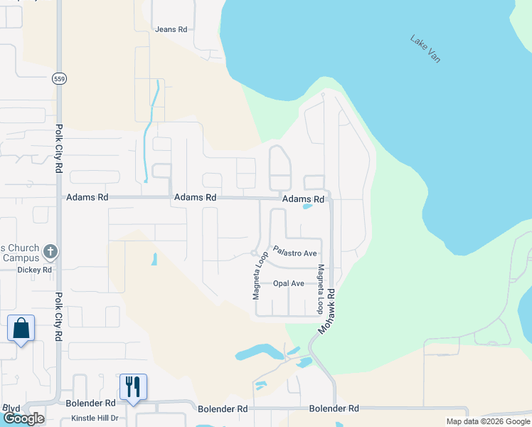 map of restaurants, bars, coffee shops, grocery stores, and more near 124 Magneta Loop in Auburndale