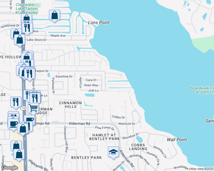 map of restaurants, bars, coffee shops, grocery stores, and more near 3107 South Canal Drive in Palm Harbor