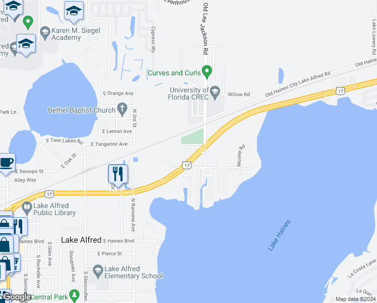 map of restaurants, bars, coffee shops, grocery stores, and more near 926 East Alfred Street in Lake Alfred