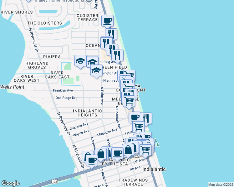 map of restaurants, bars, coffee shops, grocery stores, and more near 104 Grosse Pointe Avenue in Indialantic