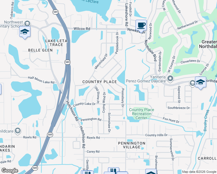 map of restaurants, bars, coffee shops, grocery stores, and more near 15911 Scrimshaw Drive in Tampa