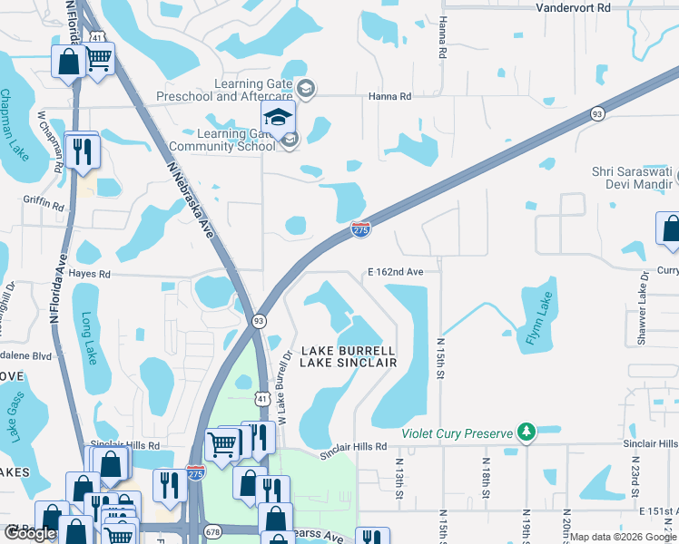 map of restaurants, bars, coffee shops, grocery stores, and more near 16130 East Lake Burrell Drive in Lutz