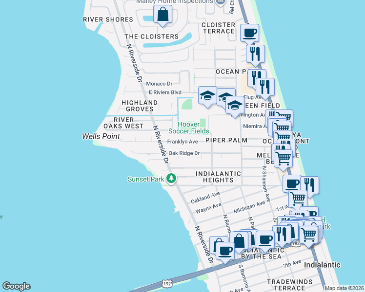 map of restaurants, bars, coffee shops, grocery stores, and more near 615 Oak Ridge Drive in Indialantic