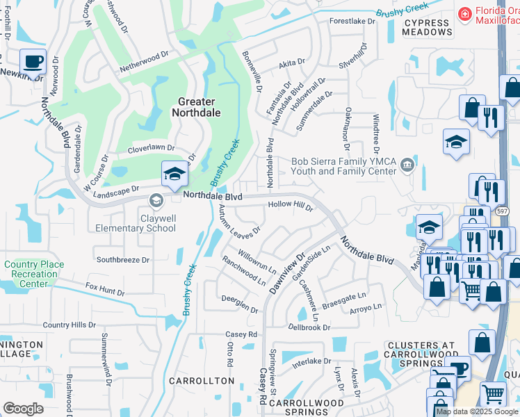 map of restaurants, bars, coffee shops, grocery stores, and more near 4302 Hollow Hill Drive in Tampa