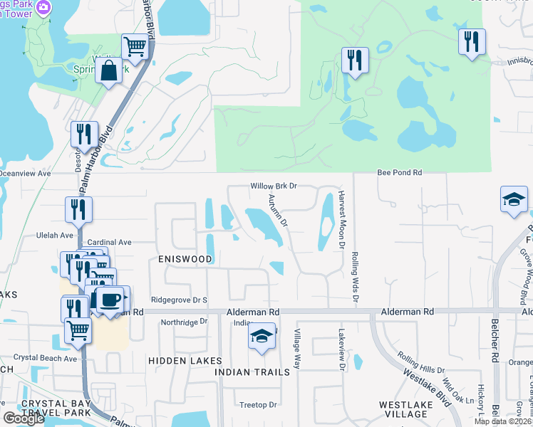 map of restaurants, bars, coffee shops, grocery stores, and more near 3204 Autumn Drive in Palm Harbor