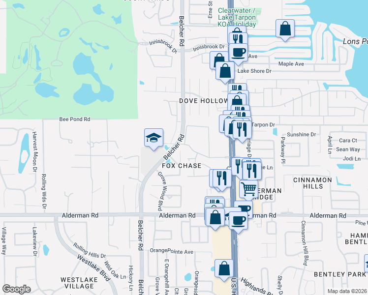 map of restaurants, bars, coffee shops, grocery stores, and more near 3318 Fox Hunt Drive in Palm Harbor