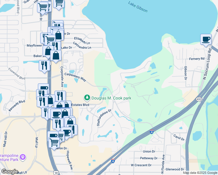 map of restaurants, bars, coffee shops, grocery stores, and more near 777 Carpenters Way in Lakeland
