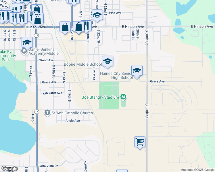 map of restaurants, bars, coffee shops, grocery stores, and more near 2600 East Grace Avenue in Haines City