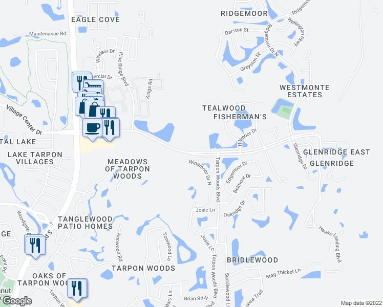 map of restaurants, bars, coffee shops, grocery stores, and more near Ridgemoor Boulevard in Palm Harbor