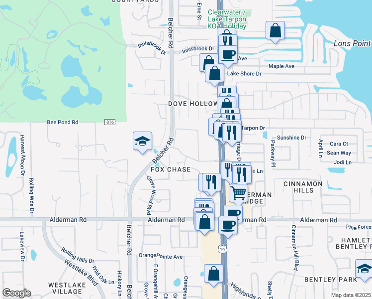 map of restaurants, bars, coffee shops, grocery stores, and more near 2375 Fox Chase Boulevard in Palm Harbor