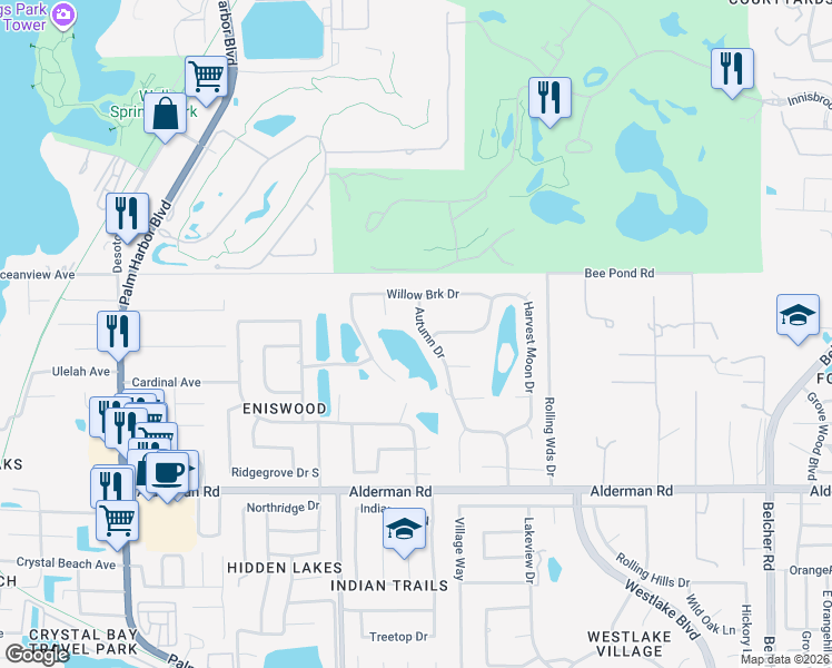 map of restaurants, bars, coffee shops, grocery stores, and more near 3204 Autumn Drive in Palm Harbor