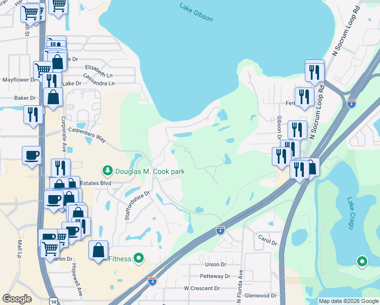 map of restaurants, bars, coffee shops, grocery stores, and more near 4530 Audubon Oaks Circle in Lakeland