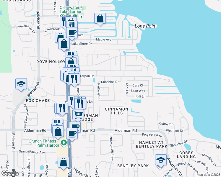map of restaurants, bars, coffee shops, grocery stores, and more near 3280 Causeway Dr in Palm Harbor